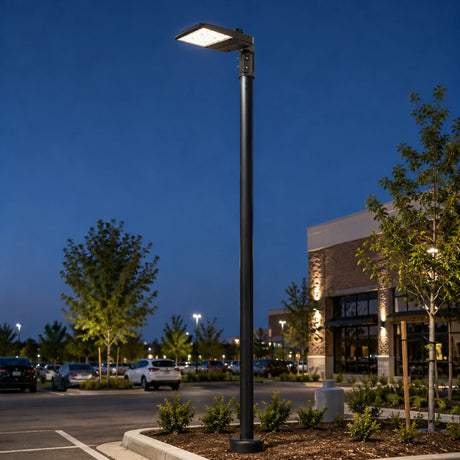 Black round steel parking lot light pole with mounted area fixture at dusk