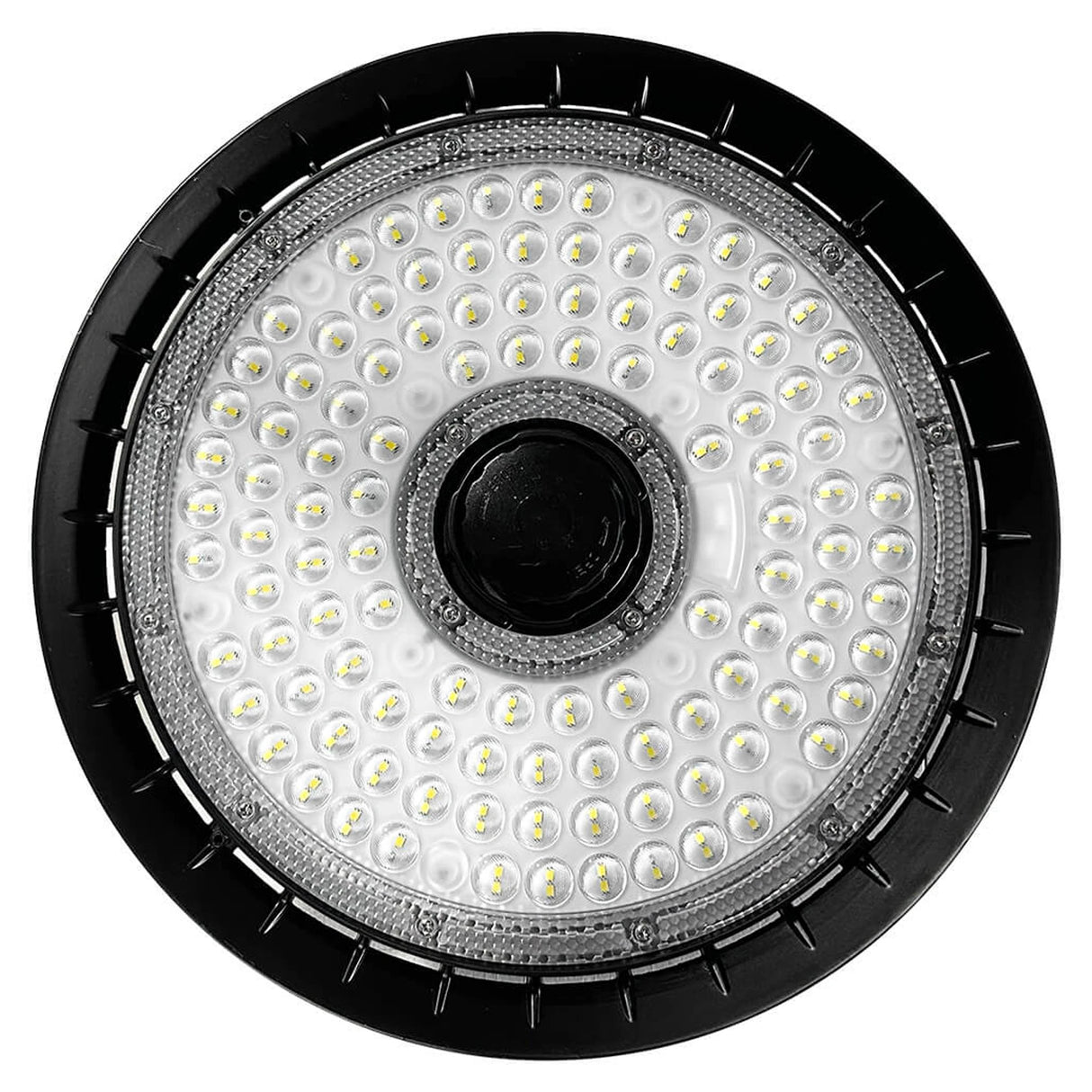 Round UFO LED high bay light with clear lens and black housing for industrial ceiling lighting