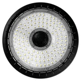 Round UFO LED high bay light with clear lens and black housing for industrial ceiling lighting