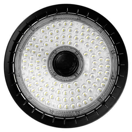 Round UFO LED high bay light with clear lens and black housing for industrial ceiling lighting