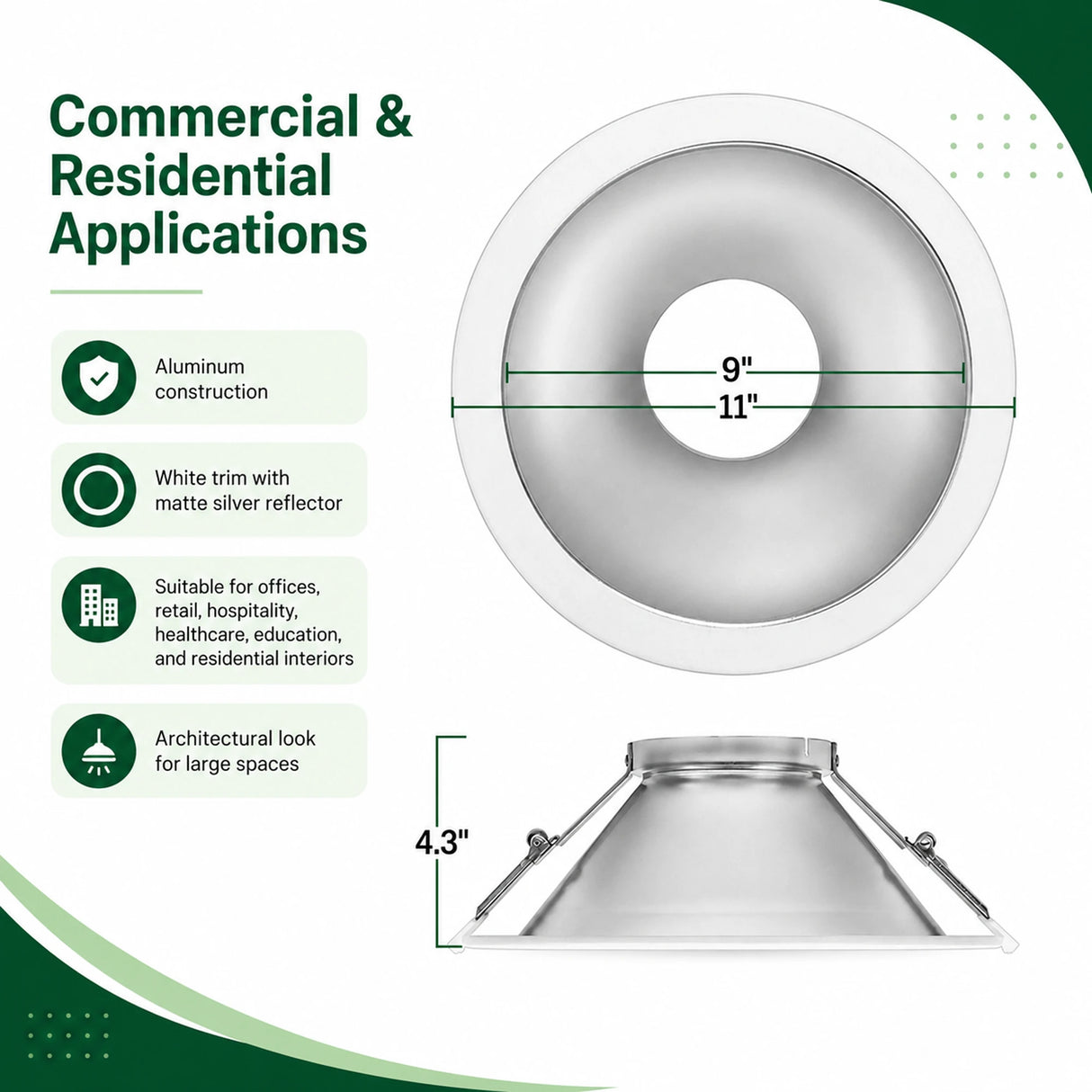 Round white aluminum downlight trim with matte silver reflector for commercial ceilings