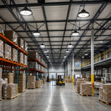 Selectable 180-240W 36,240lm 5000K UFO LED high bay lights illuminate a large warehouse with pallet racks.