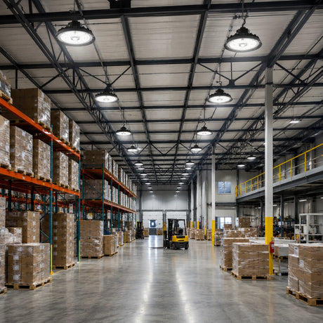 Selectable 180-240W 36,240lm 5000K UFO LED high bay lights illuminate a large warehouse with pallet racks.