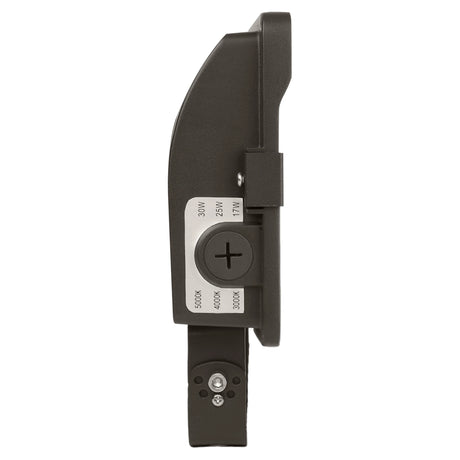 Side view of a black selectable LED flood light with wattage and color temperature adjustment switch