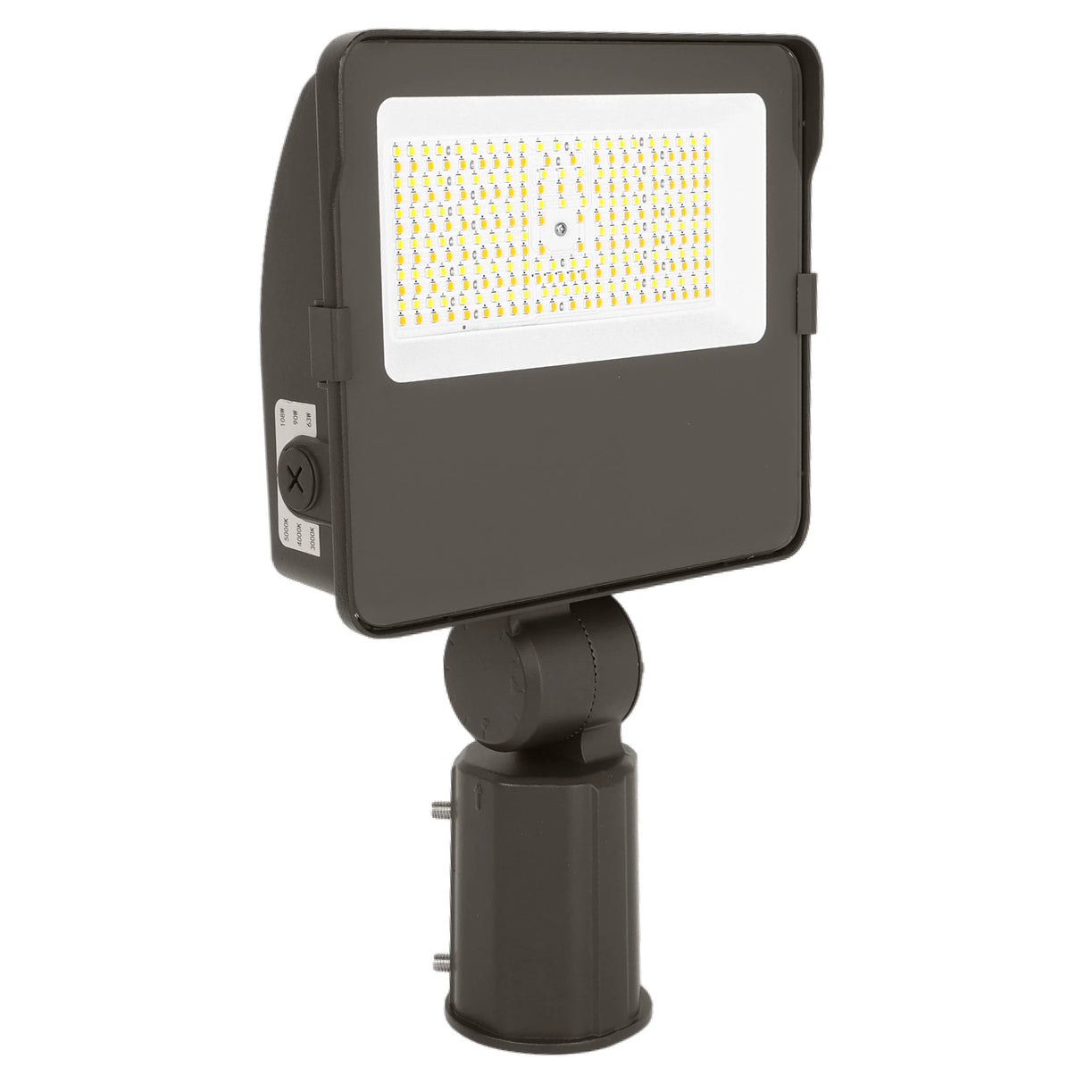 Dark gray LED flood light with selectable color temperature and slipfitter mount on white background