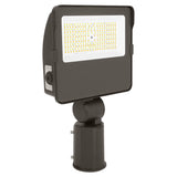 Dark gray LED flood light with selectable color temperature and slipfitter mount on white background