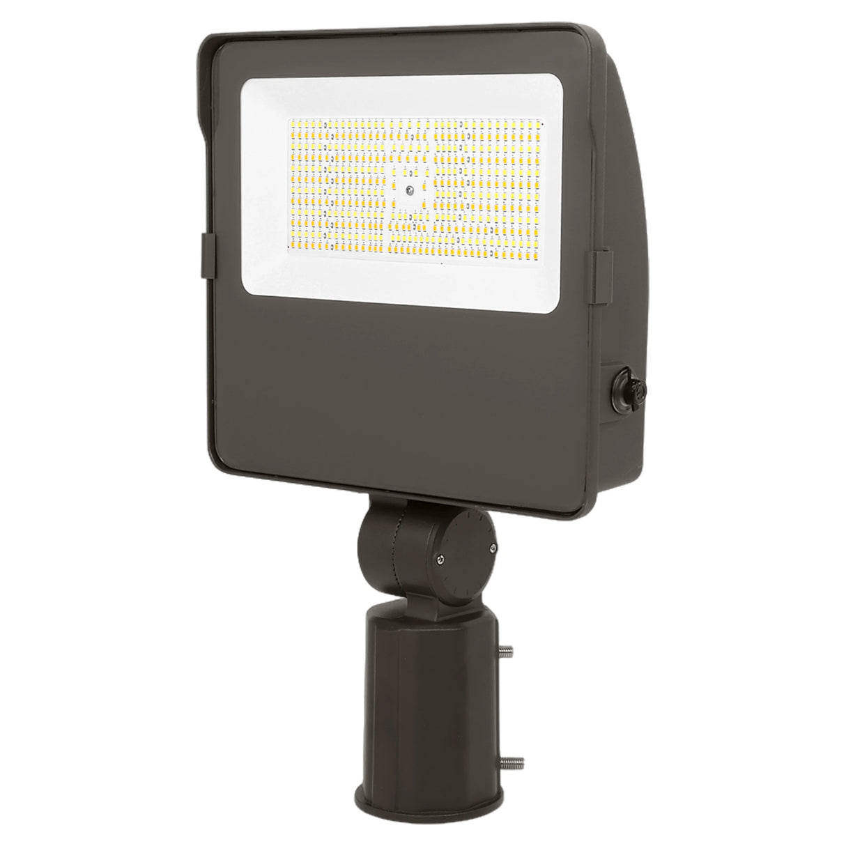 Selectable LED flood light with slipfitter mount, dark bronze housing, and rectangular front lens