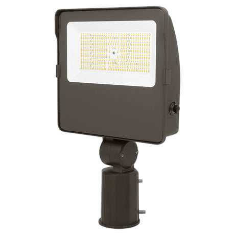 Selectable LED flood light with slipfitter mount, dark bronze housing, and rectangular front lens