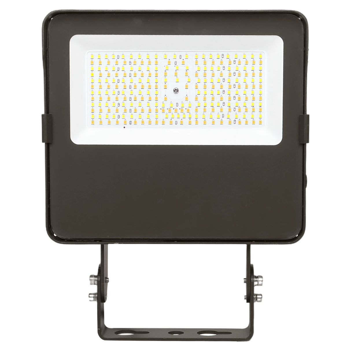 Black LED flood light with selectable LED panel and trunnion mount on a white background