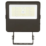 Black LED flood light with selectable LED panel and trunnion mount on a white background