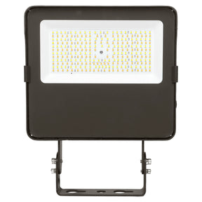 Black LED flood light with selectable LED panel and trunnion mount on a white background