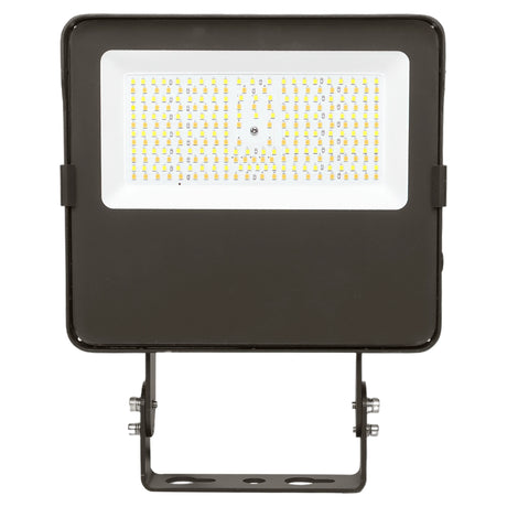 Black LED flood light with selectable LED panel and trunnion mount on a white background