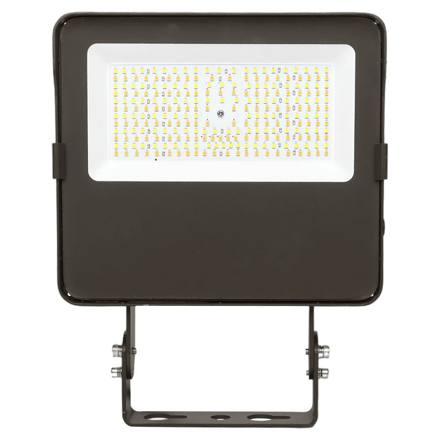 Black LED flood light with selectable LED panel and trunnion mount on a white background