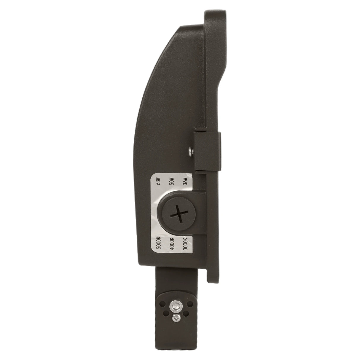 Side view of a black LED flood light with selectable wattage and CCT adjustment switch