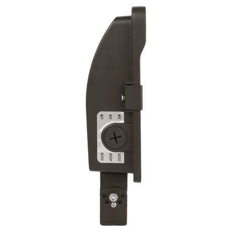 Side view of a black LED flood light with selectable wattage and CCT adjustment switch