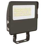 Black LED flood light with selectable wattage and color temperature, shown with trunnion mount and LED panel