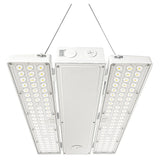 Selectable wattage LED linear high bay light with three-panel design and hanging cables on a white background