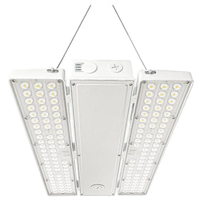 Selectable wattage LED linear high bay light with three-panel design and hanging cables on a white background