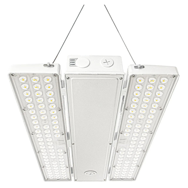 Selectable wattage LED linear high bay light with three-panel design and hanging cables on a white background