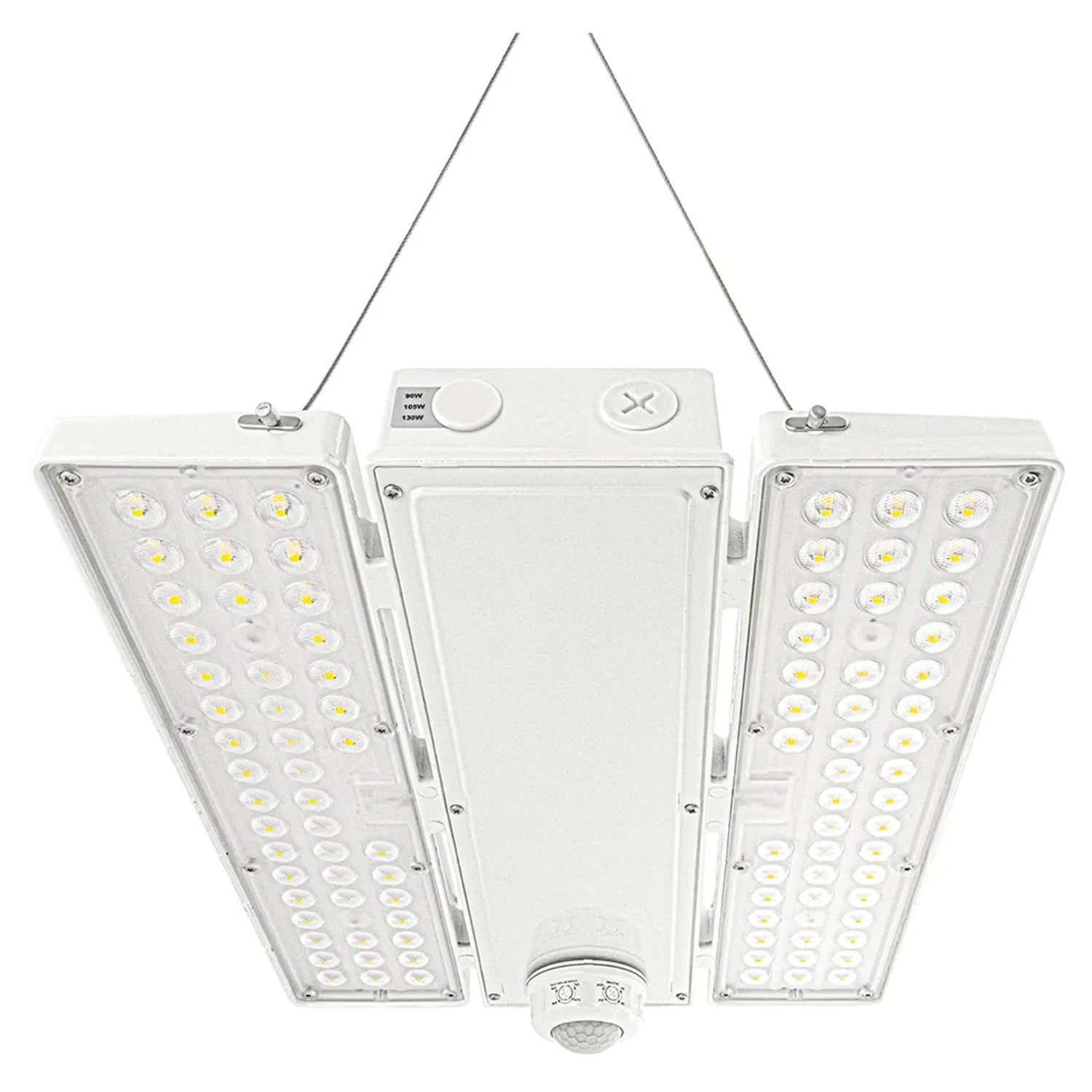 white linear high bay LED light with selectable wattage, motion sensor, and dual side light panels
