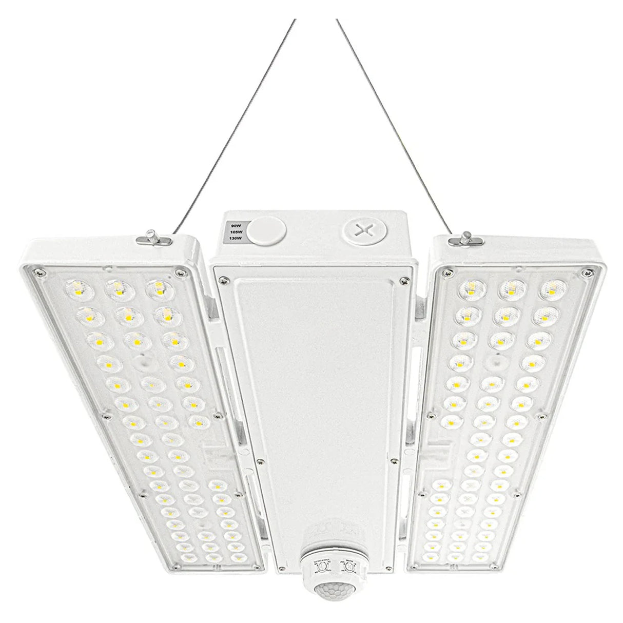 white linear high bay LED light with selectable wattage, motion sensor, and dual side light panels