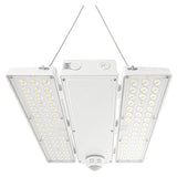 white linear high bay LED light with selectable wattage, motion sensor, and dual side light panels