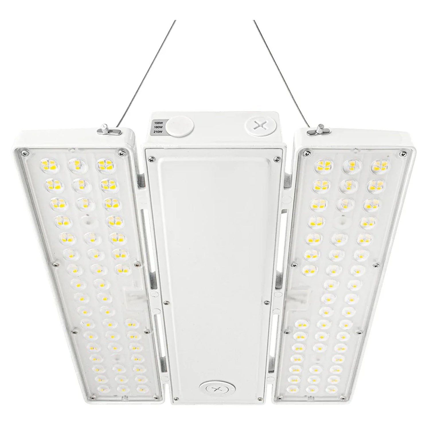 Linear high bay LED light with selectable wattage and dual side light panels, suspended mount