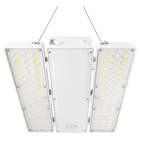 Linear high bay LED light with selectable wattage and dual side light panels, suspended mount