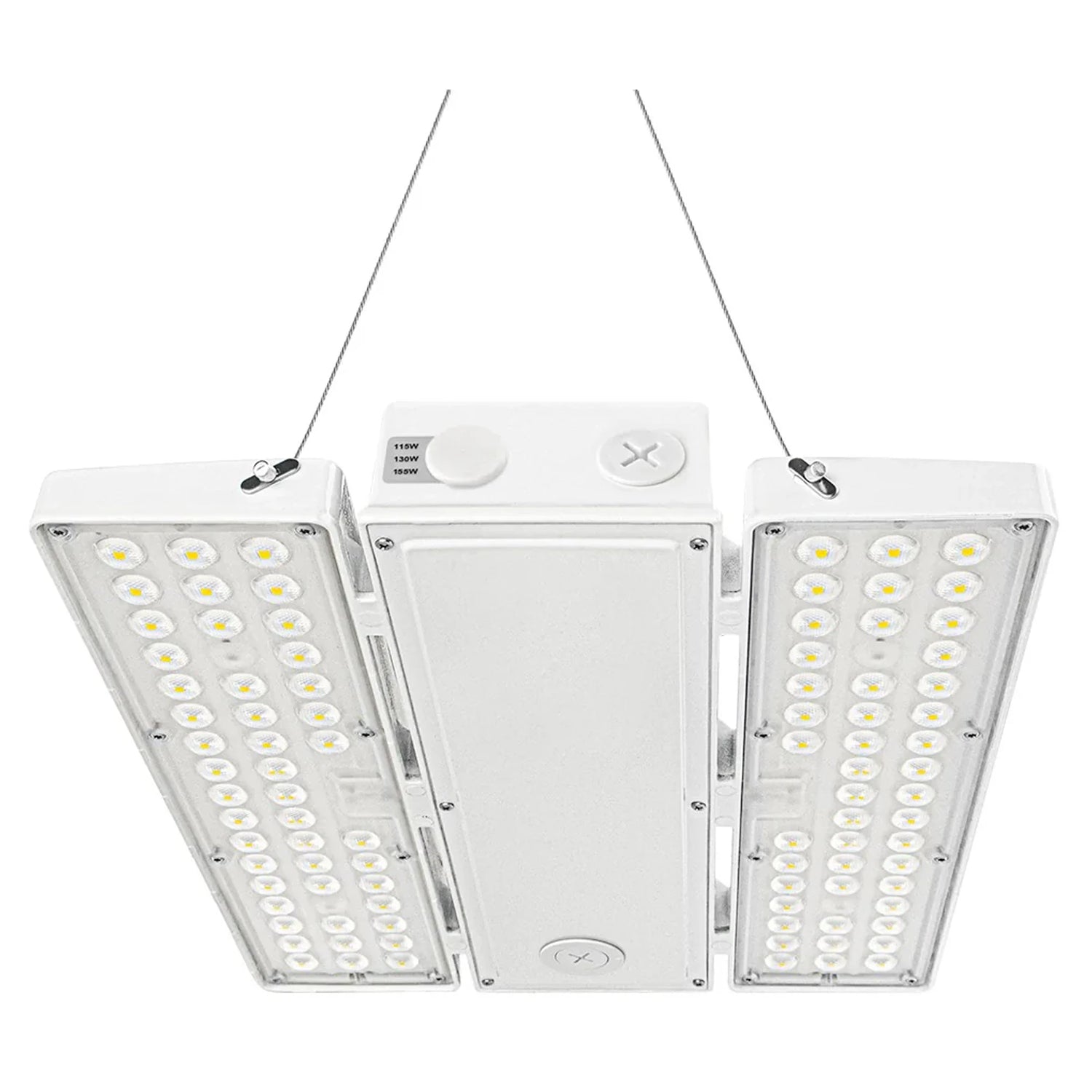 Suspended linear high bay LED light with selectable wattage and dual side light panels for warehouse lighting
