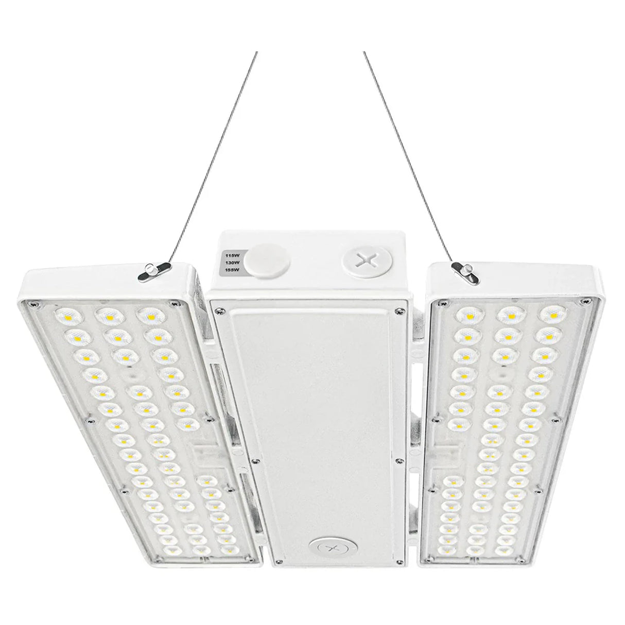 Suspended linear high bay LED light with selectable wattage and dual side light panels for warehouse lighting