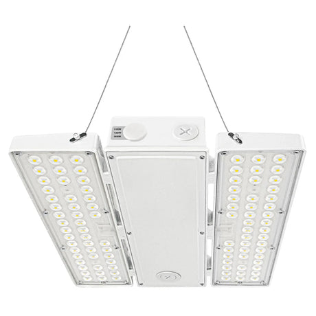 Suspended linear high bay LED light with selectable wattage and dual side light panels for warehouse lighting