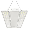 Selectable wattage linear LED high bay light with suspended triple-panel design and clear lens