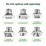 Six sold-separately trim options for recessed LED downlight, including square and round wall wash styles