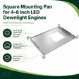 Square metal mounting pan for 4 to 6 inch LED downlight engines, shown with new construction brackets