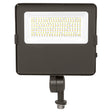 Square LED flood light with knuckle mount and front-facing light panel in dark housing