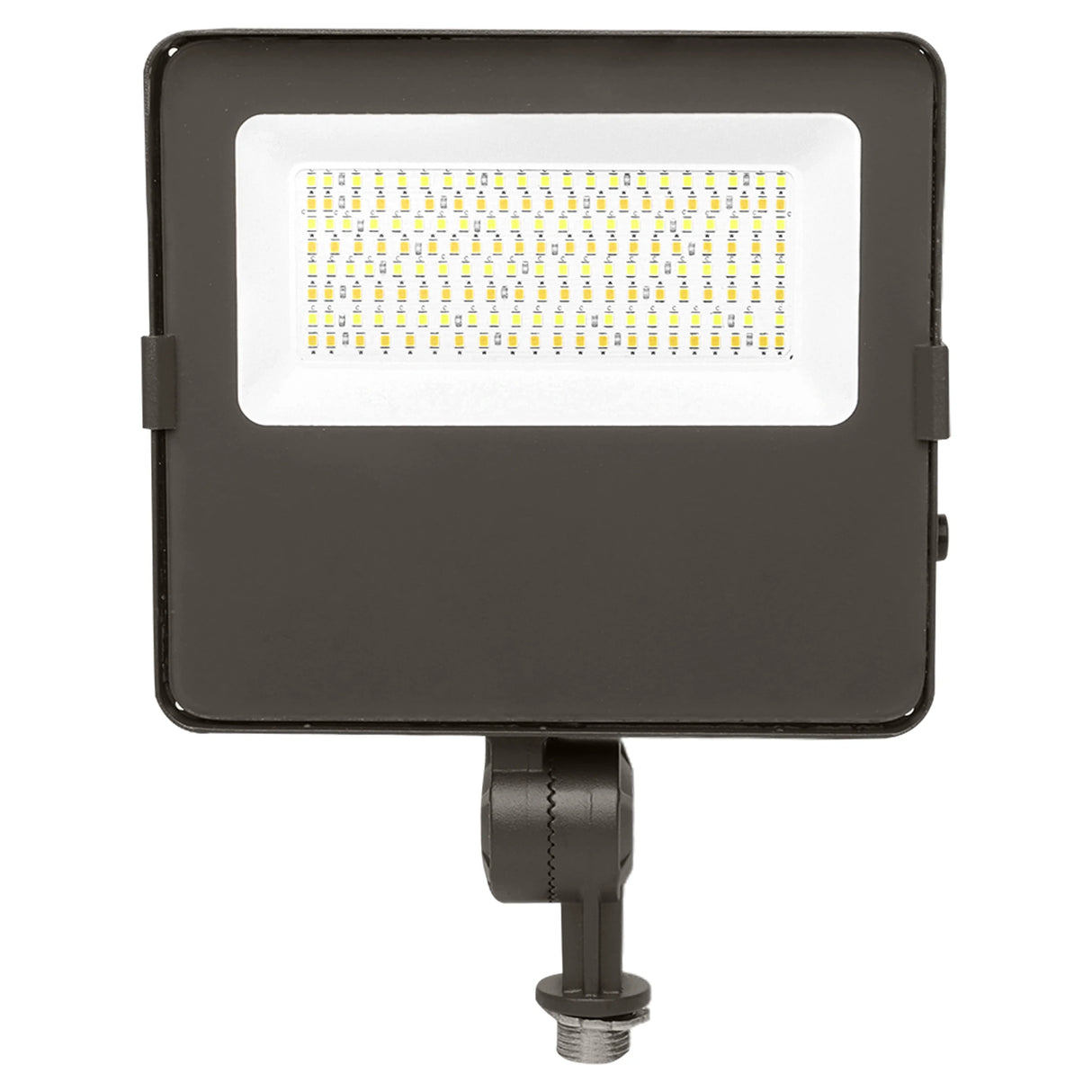 Square LED flood light with knuckle mount and front-facing light panel in dark housing