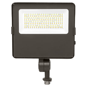 Square LED flood light with knuckle mount and front-facing light panel in dark housing
