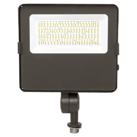 Square LED flood light with knuckle mount and front-facing light panel in dark housing