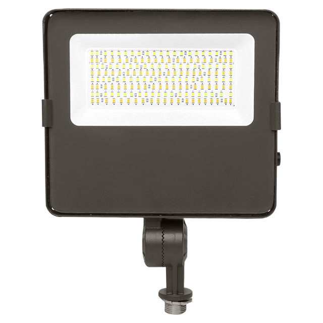Square LED flood light with knuckle mount and front-facing light panel in dark housing