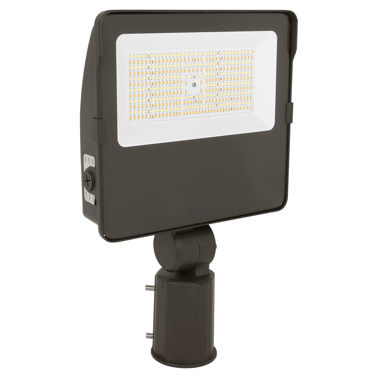 Square LED flood light with slipfitter mount and selectable color temperature on a white background