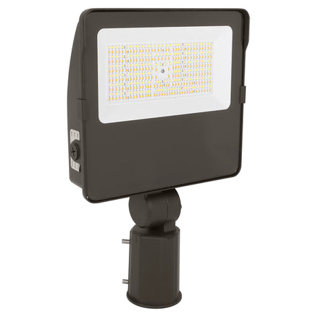 Square LED flood light with slipfitter mount and selectable color temperature on a white background
