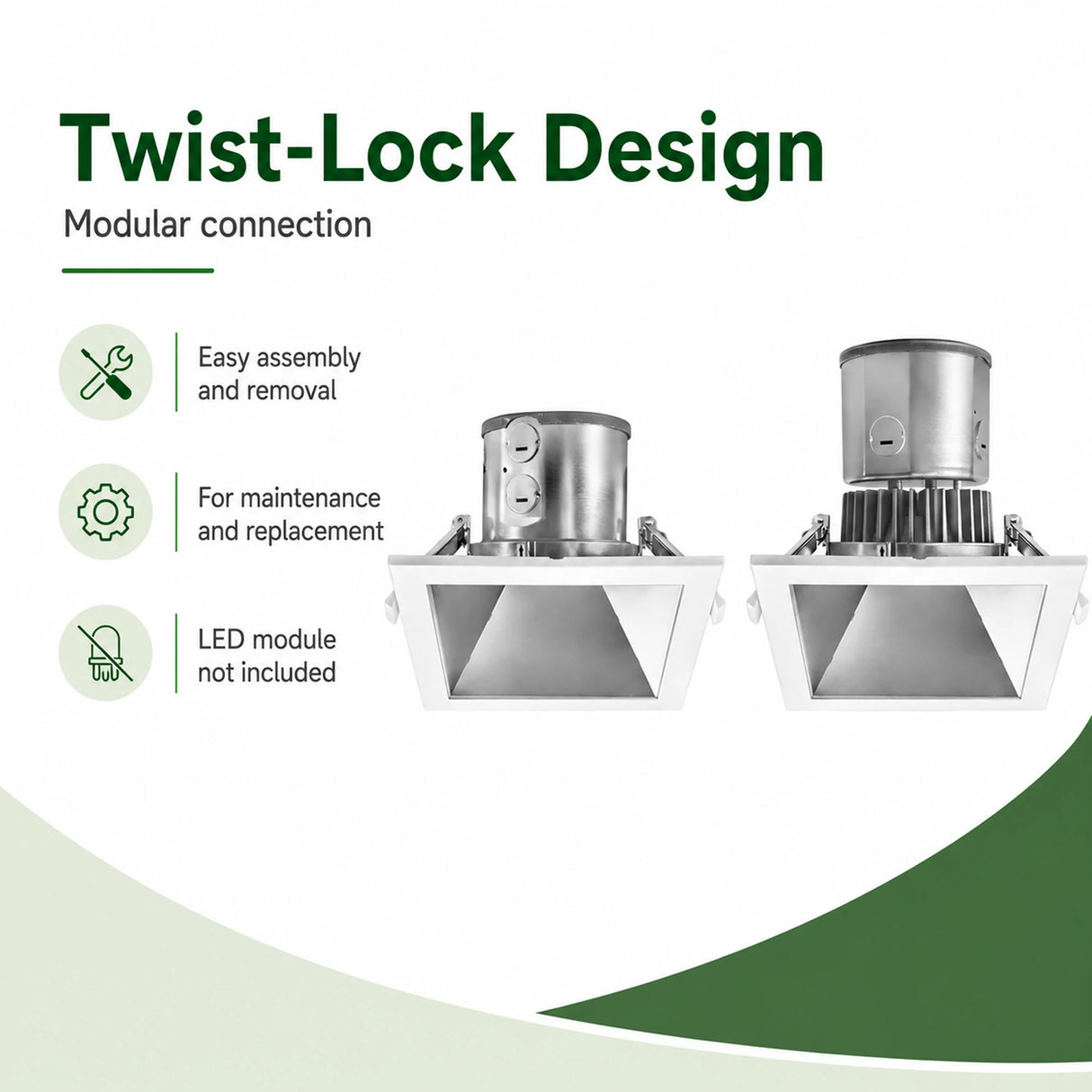 Square LED wall wash downlight trim with silver reflector and twist-lock modular connection