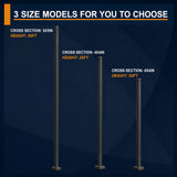 Three square steel light poles shown in 30 ft, 25 ft, and 20 ft height options for parking lots