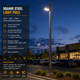 Dark bronze square steel light pole installed in a parking lot at dusk with a mounted area light
