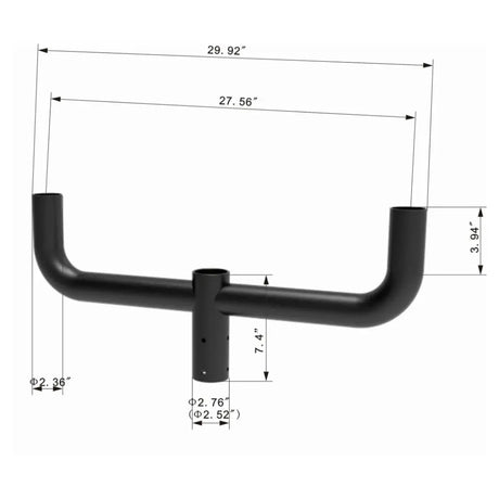Dimensions diagram of 2-arm steel bullhorn bracket: 29.92 in wide, 2-3/8 in tenon, for area and flood lights