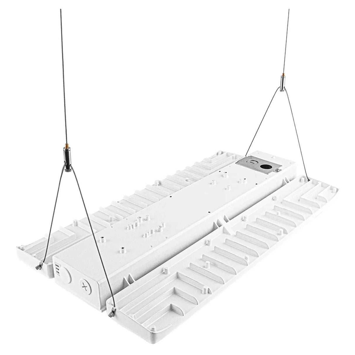 Suspended white linear high bay light with finned housing and hanging cables on a clean background