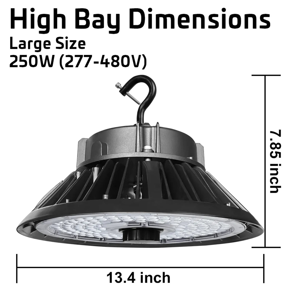 Black UFO LED high bay light with hook mount, shown with large-size dimensions and 250W 277-480V label