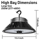 Black UFO LED high bay light with hook mount, shown with large-size dimensions and 250W 277-480V label