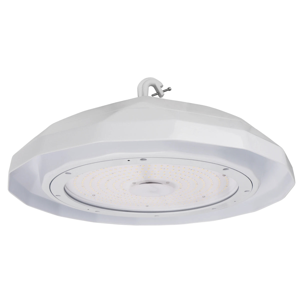 UFO LED High Bay Light 200W Angled Top View with PC Lens - 29200lm 5000K Dimmable Industrial Warehouse Light