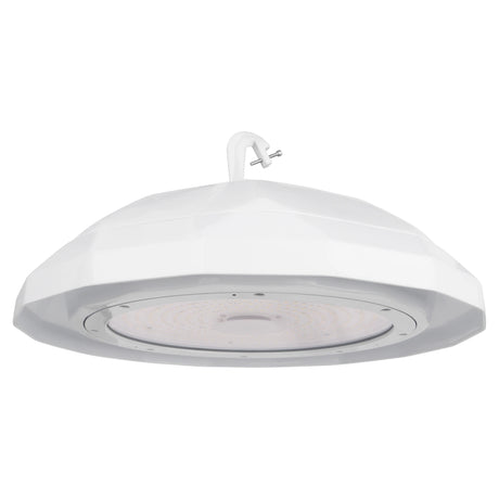 UFO LED High Bay Light Angled View Showing PC Lens and Hook Mount - High Lumen Industrial Ceiling Light